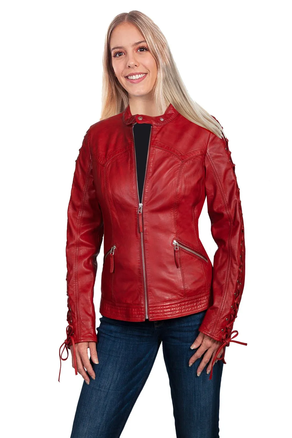 Sleek Design Smart Casual Athlete Fit Scully Womens Red Lamb Leather Laced Sleeve Jacket