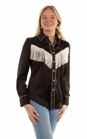 Scully Womens Retro Western Style Fringe Black 100% Polyester L/S Blouse Trendy Gear Active Layer Vintage Wash Scully Womens Retro Western Style Fringe Black 100% Polyester L/S Blouse