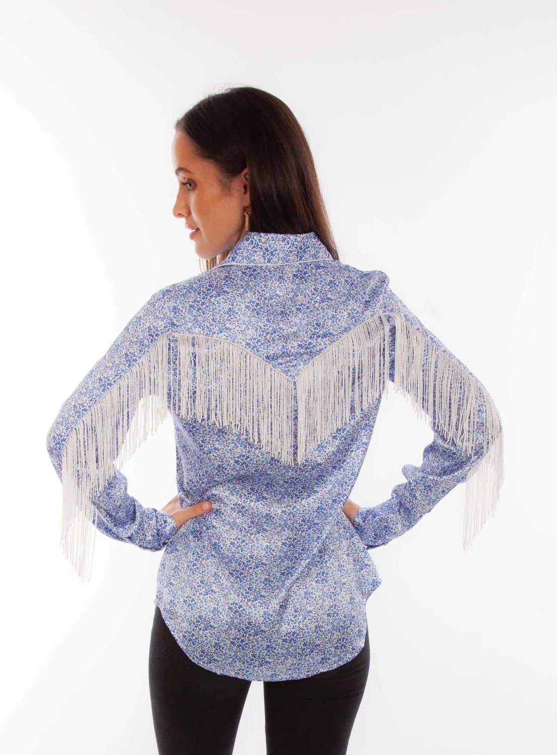 Scully Womens Rodeo Fringe Blue 100% Polyester L/S Blouse Unisex Design Pocket Detailing