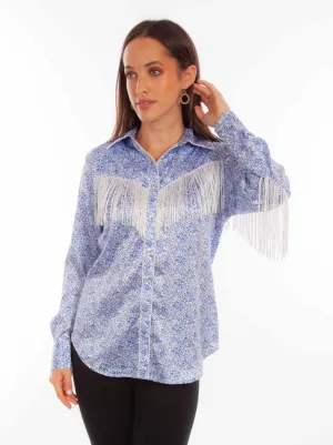 Scully Womens Rodeo Fringe Blue 100% Polyester L/S Blouse Vibrant Prints Artistic Design Roomy Cut Scully Womens Rodeo Fringe Blue 100% Polyester L/S Blouse