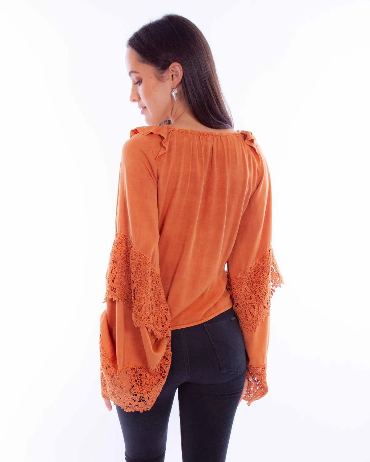 Sporty Design Scully Womens Ruffle Crochet Russet 100% Rayon L/S Blouse