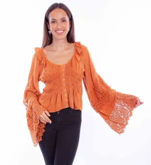 Scully Womens Ruffle Crochet Russet 100% Rayon L/S Blouse Modern Cut Soft Wear Active Design Scully Womens Ruffle Crochet Russet 100% Rayon L/S Blouse