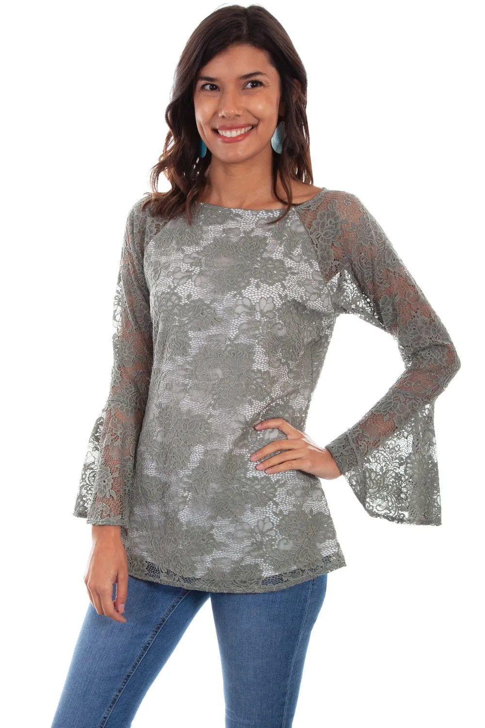 Scully Womens Sage Nylon Floral Lace L/S Tunic Sanded Seam Comfort