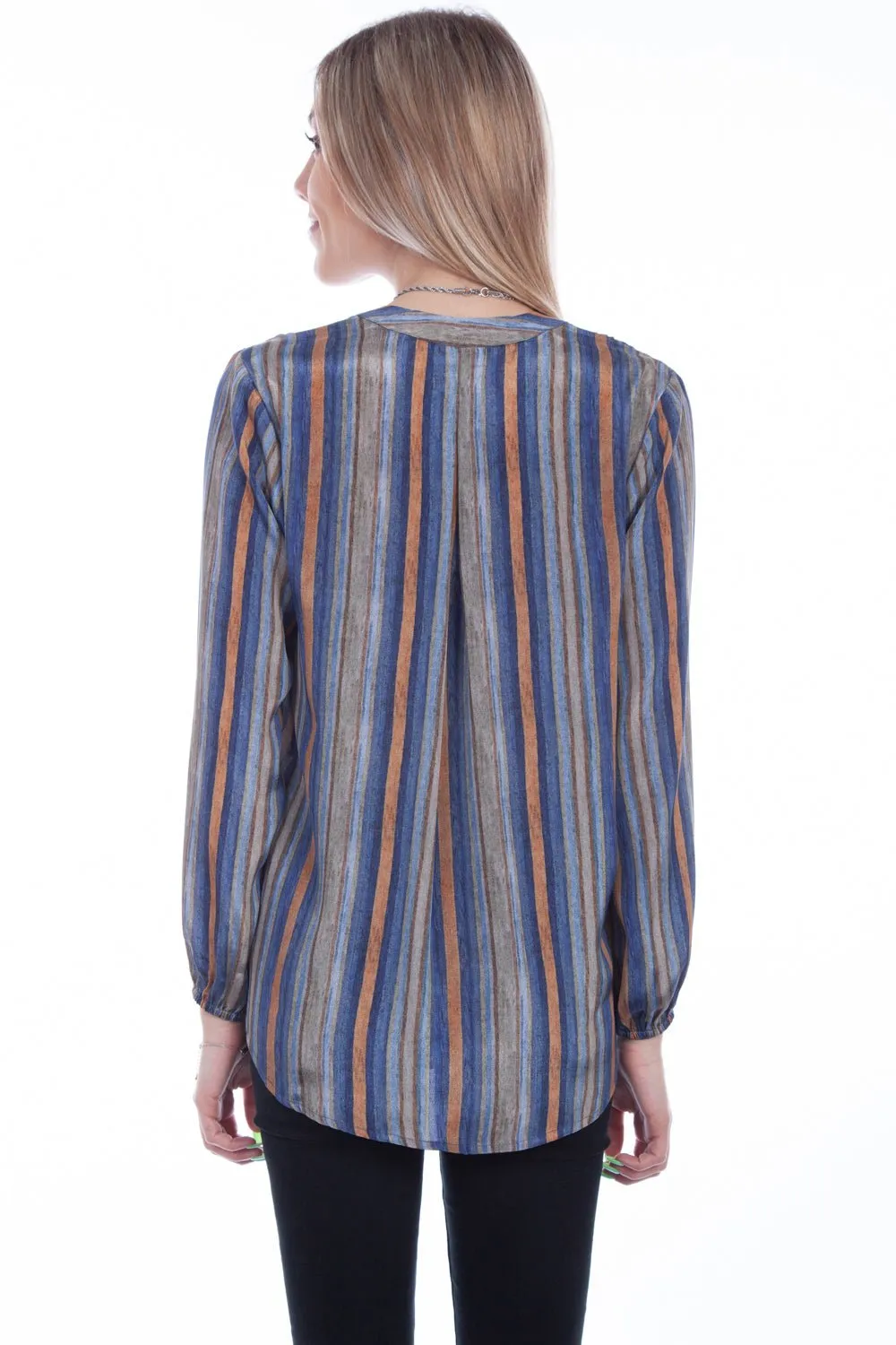 Scully Womens Sky Polyester V-Neck Stripe L/S Blouse Fashionable Waist