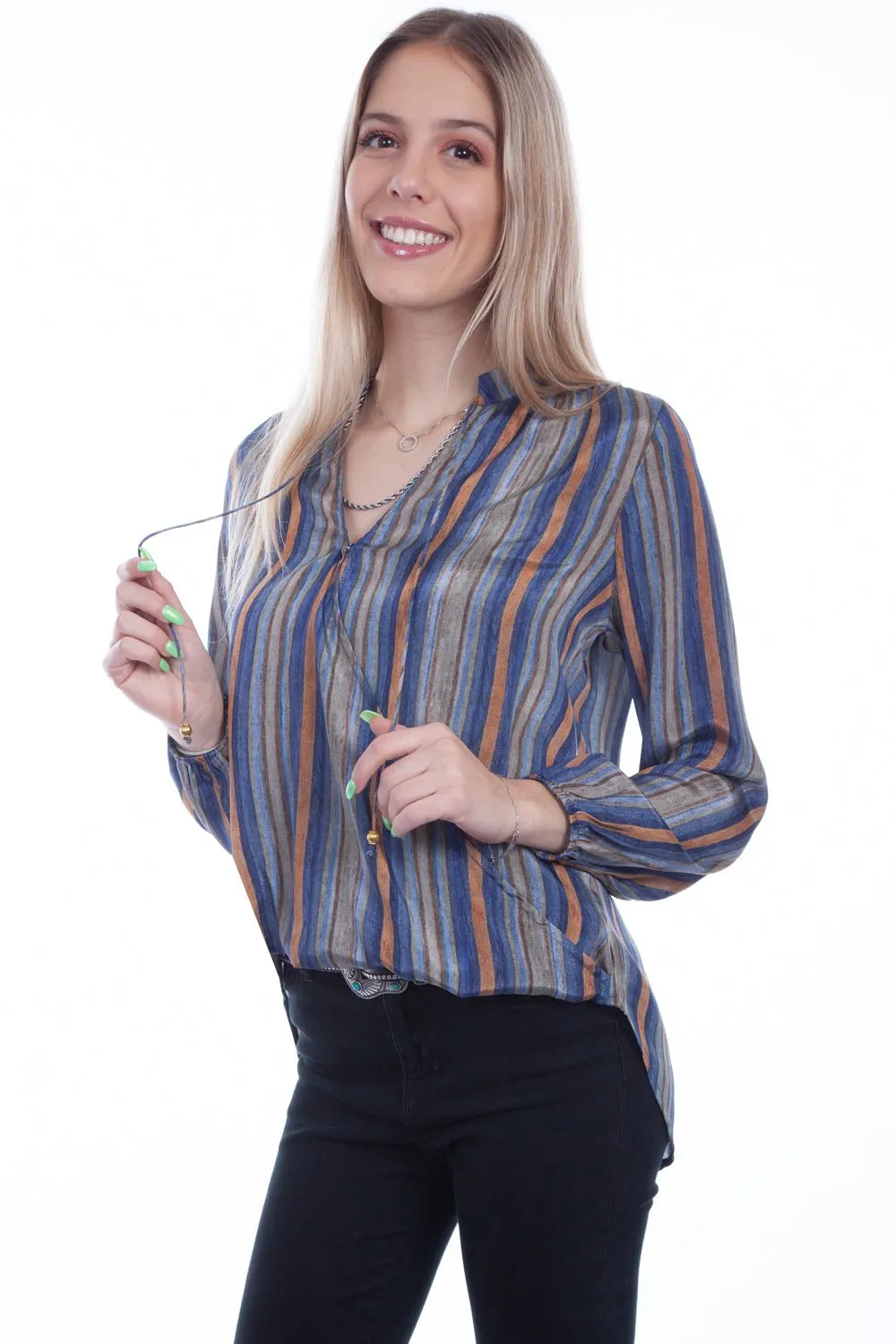 Chill Outfit Relaxed Style Earthy Effortless Waist Scully Womens Sky Polyester V-Neck Stripe L/S Blouse
