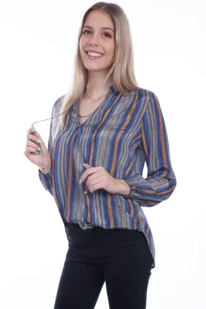 Scully Womens Sky Polyester V-Neck Stripe L/S Blouse Subtle Texture Scully Womens Sky Polyester V-Neck Stripe L/S Blouse Pre Washed Denim