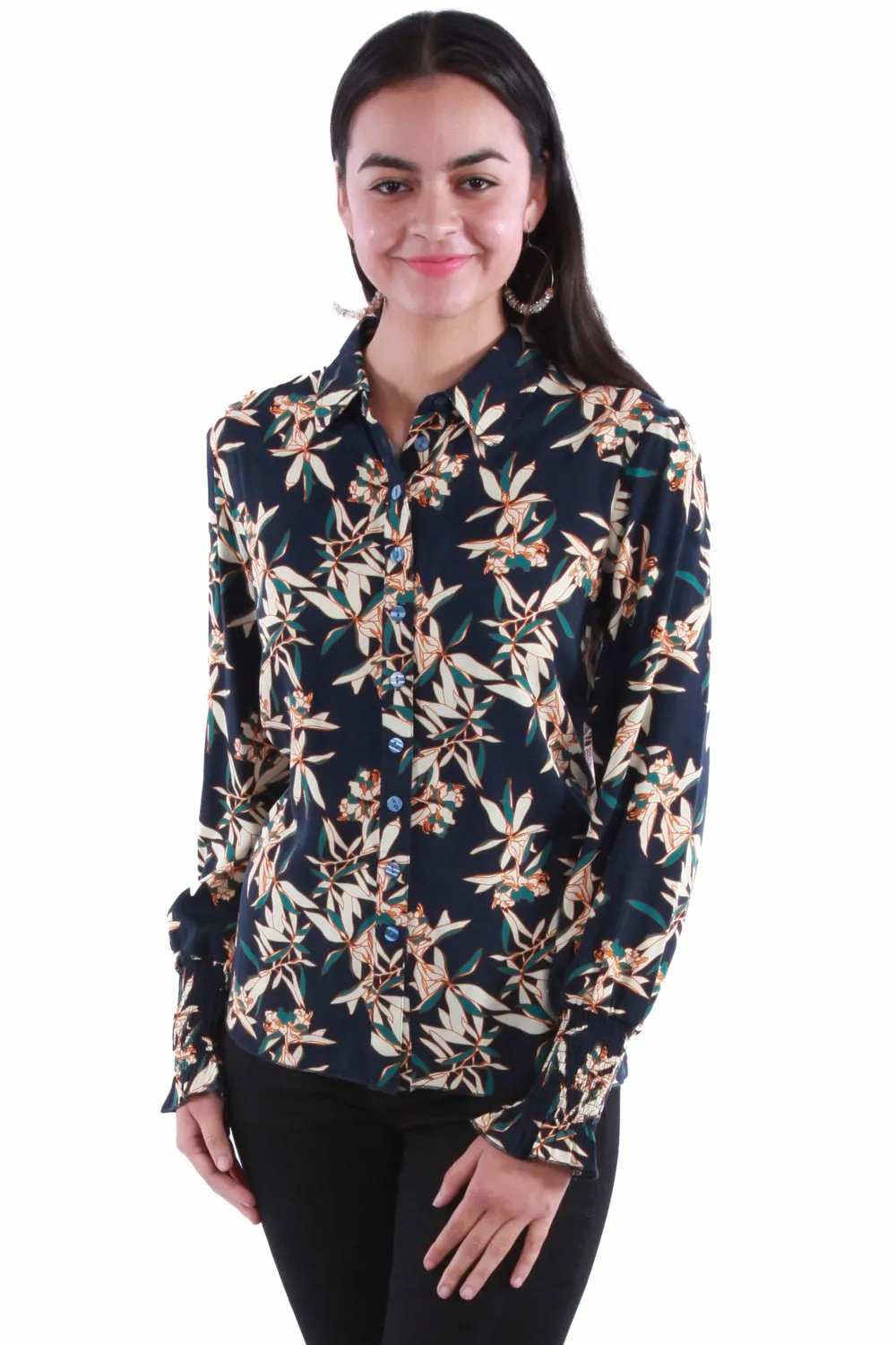 Scully Womens Smocked Floral Peplum Navy 100% Rayon L/S Blouse Fashion Comfort Breathable Design