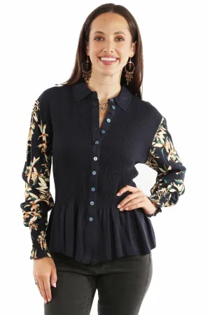 Scully Womens Smocked Peplum Navy 100% Rayon L/S Blouse cruelty-free Lightweight Fabric Daytime Look Scully Womens Smocked Peplum Navy 100% Rayon L/S Blouse