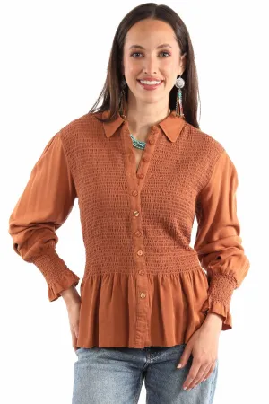 Scully Womens Smocked Peplum Terracotta 100% Rayon L/S Blouse Subtle patterns Scully Womens Smocked Peplum Terracotta 100% Rayon L/S Blouse Vibrant Colors