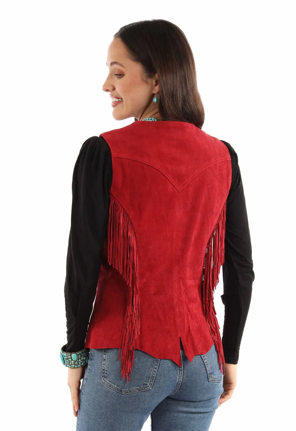 Bootcut style Scully Womens Snap Front Fringe Red Suede Leather Leather Vest