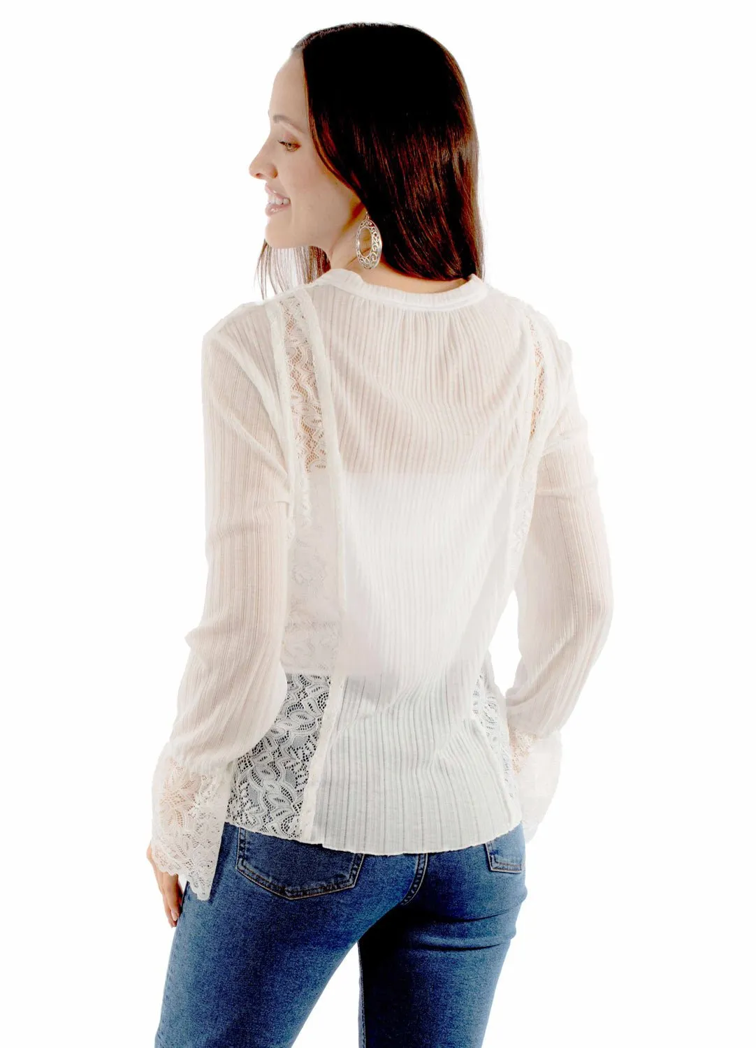 Scully Womens Soft Knit Lace White Rayon Blend L/S Blouse Fashionable Comfort