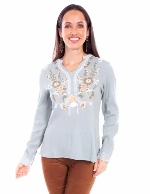 Scully Womens Split Neck Embroidered Sage 100% Cotton L/S Blouse Subtle patterns Odorless Binding Tape Weekend Vibes Scully Womens Split Neck Embroidered Sage 100% Cotton L/S Blouse