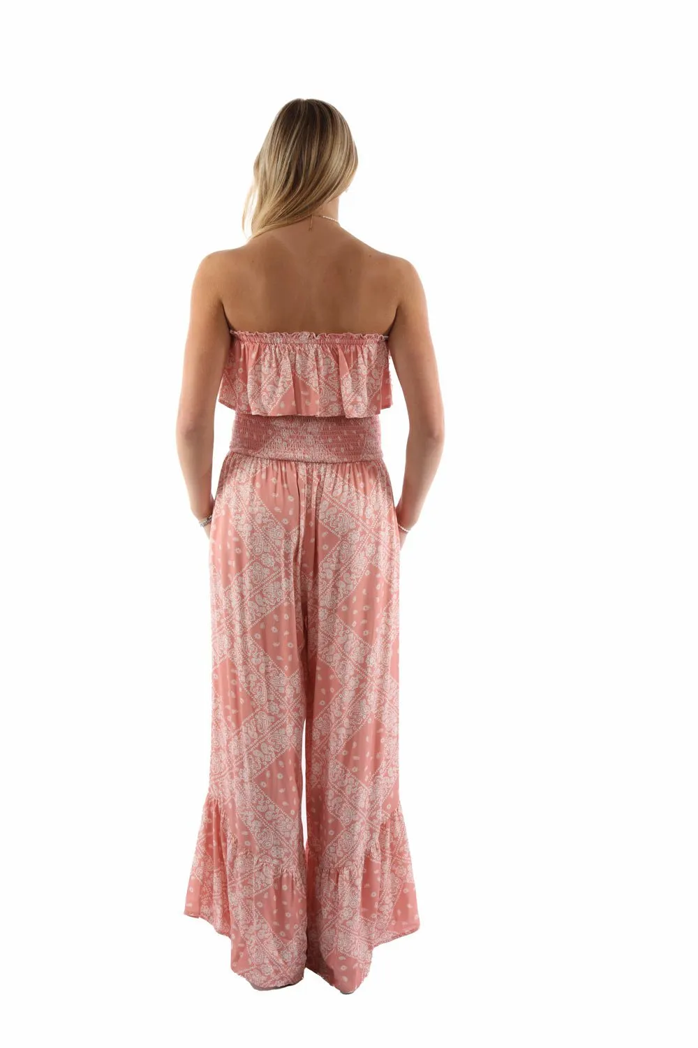 elastic waistband Essential Layer Scully Womens Strapless Ruffle Trim Dusty Pink Lyocell S/L Jumpsuit
