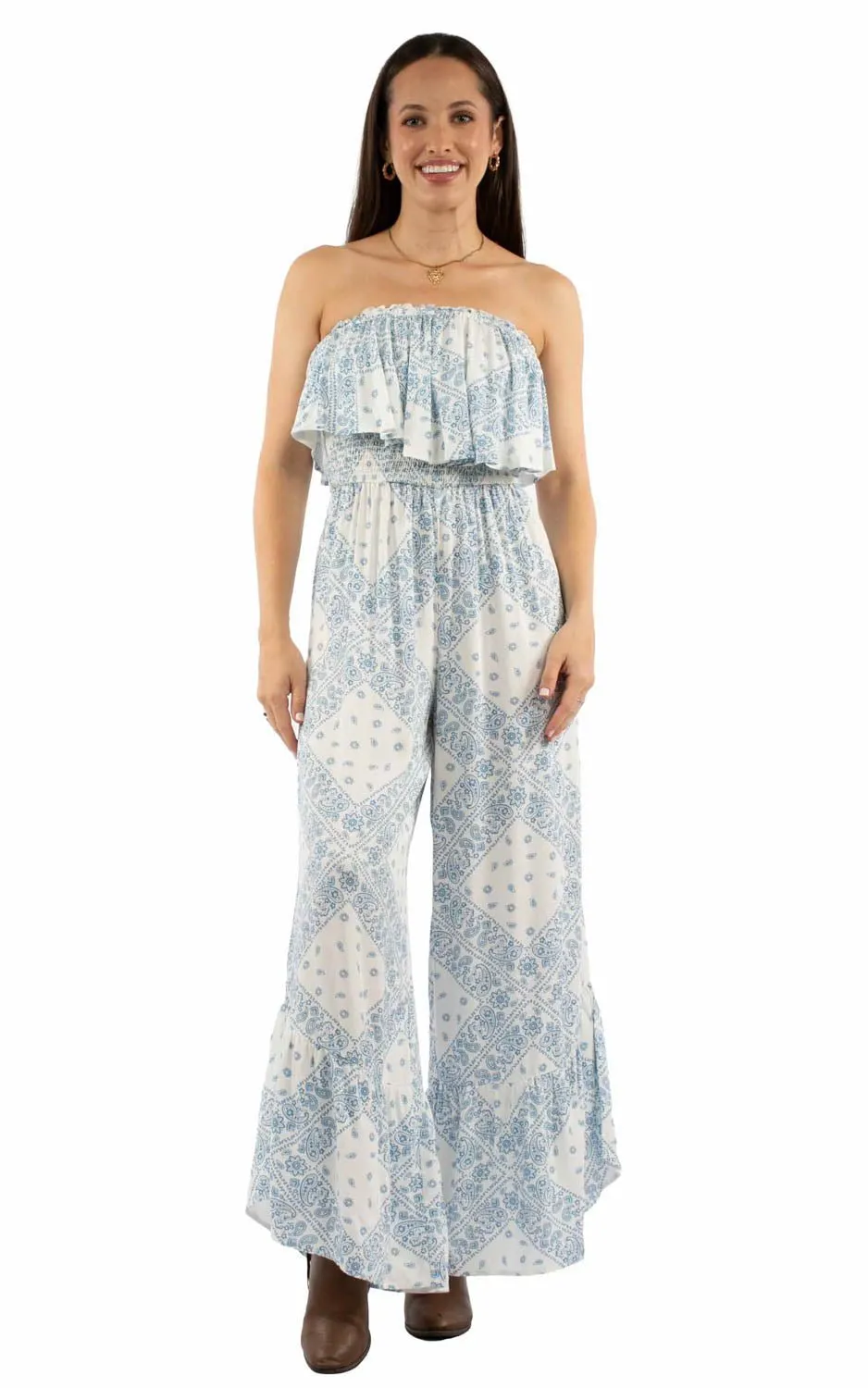 Scully Womens Strapless Ruffle Trim White Lyocell S/L Jumpsuit Timeless Choice Relaxed Style Neutral