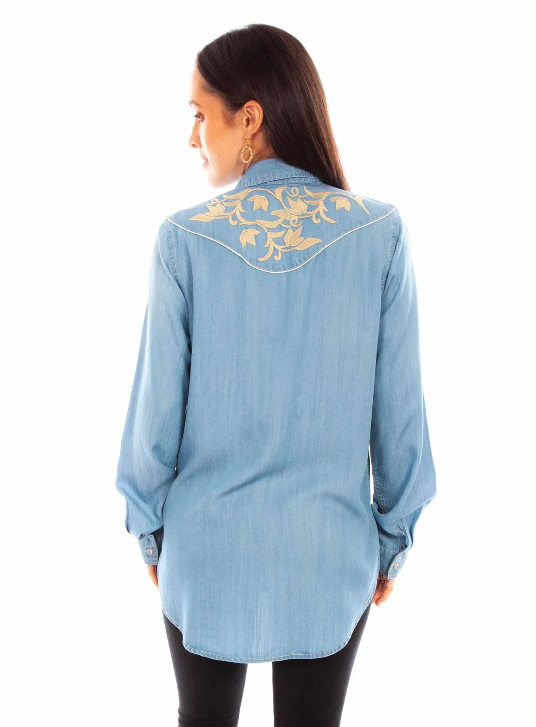 Scully Womens Tan Embroidery Blue 100% Tencel L/S Shirt Effortless Style Comfort Stretch