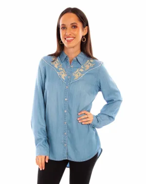 Scully Womens Tan Embroidery Blue 100% Tencel L/S Shirt Non Restrictive Silhouette Scully Womens Tan Embroidery Blue 100% Tencel L/S Shirt Relaxed Look Neutral Toned Stitching