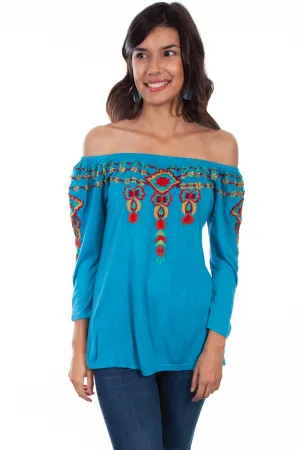 Scully Womens Teal Viscose Peasant S/S Blouse Relaxed Style Subtle patterns Moisture Wicking Material Scully Womens Teal Viscose Peasant S/S Blouse
