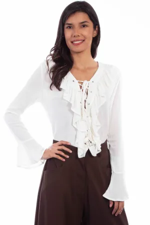 Scully Womens Tie Front Ruffle White 100% Rayon L/S Blouse Layering Staple Scully Womens Tie Front Ruffle White 100% Rayon L/S Blouse Chic Comfort