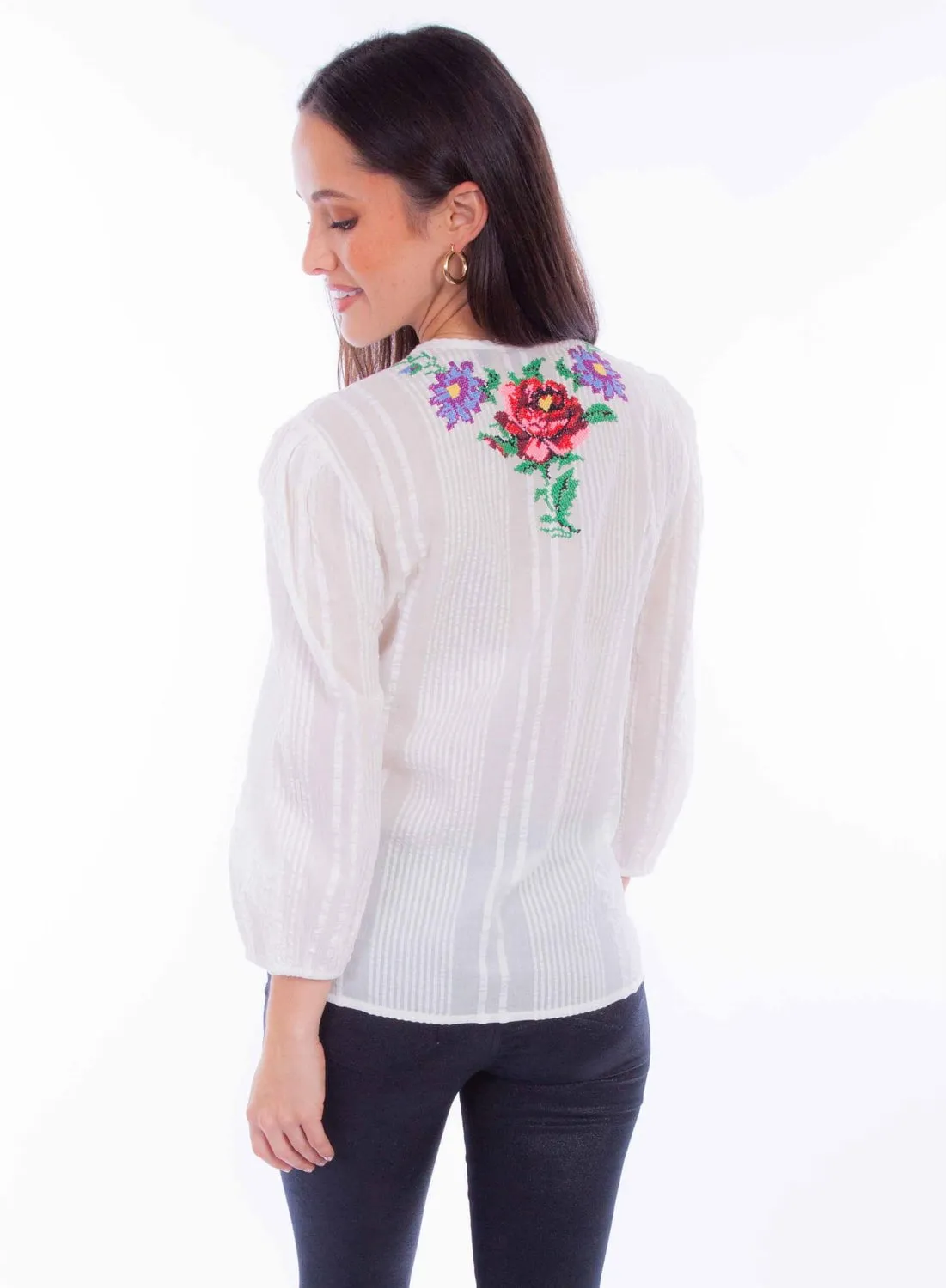 Anti Pilling Finish Scully Womens Tonal Texture White 100% Cotton 3/4 Sleeve S/S Blouse