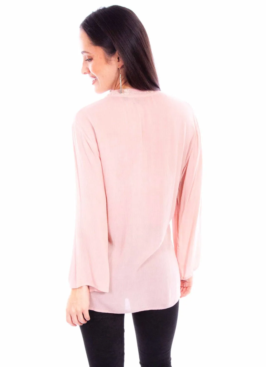 Scully Womens Tonal V-Neck Blush 100% Cotton L/S Blouse Layered Collar Polished Look