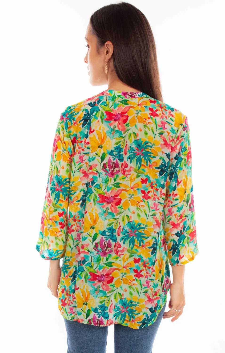 Scully Womens Tropical Print Tropical Viscose 3/4 Sleeve S/S Blouse Casual Comfort Lightweight Wear