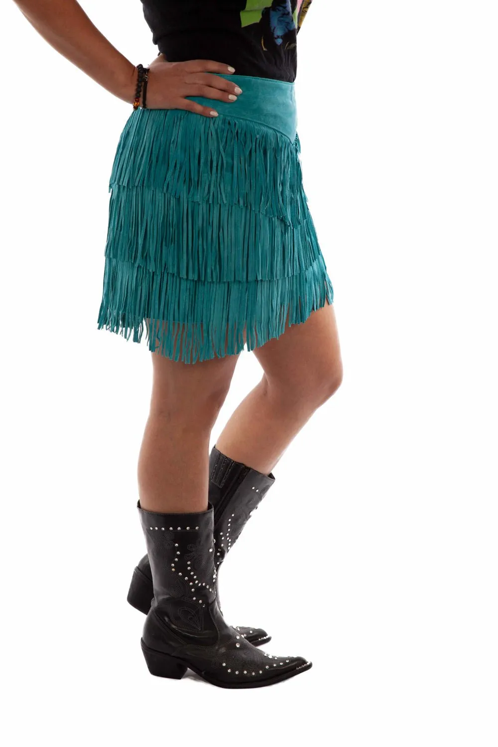 Style Appropriate Fashion Lover Youth Style Smooth Scully Womens Turquoise Leather Tiered Fringe Skirt