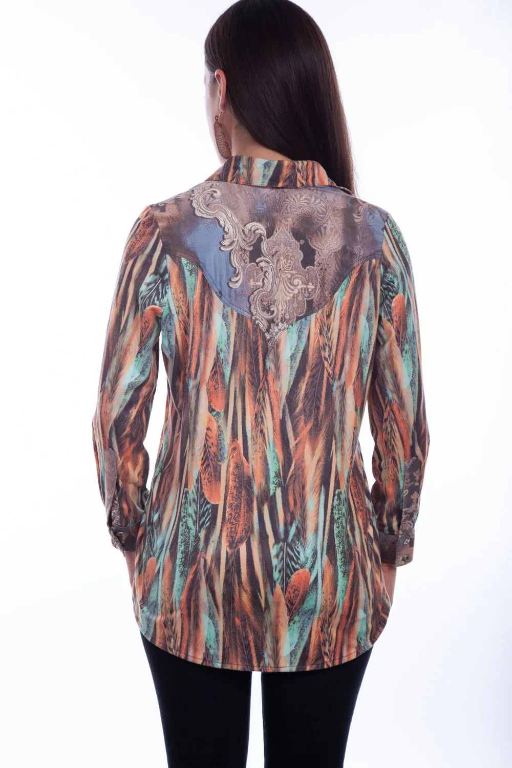 Scully Womens Turquoise Polyester Ornament Feather L/S Shirt Elegant Bold Look