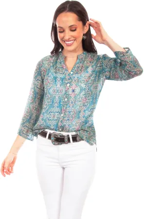 Scully Womens Turquoise Rayon Classic Print S/S Blouse Travel-friendly Scully Womens Turquoise Rayon Classic Print S/S Blouse Edgy Fashion Quick Dry Technology