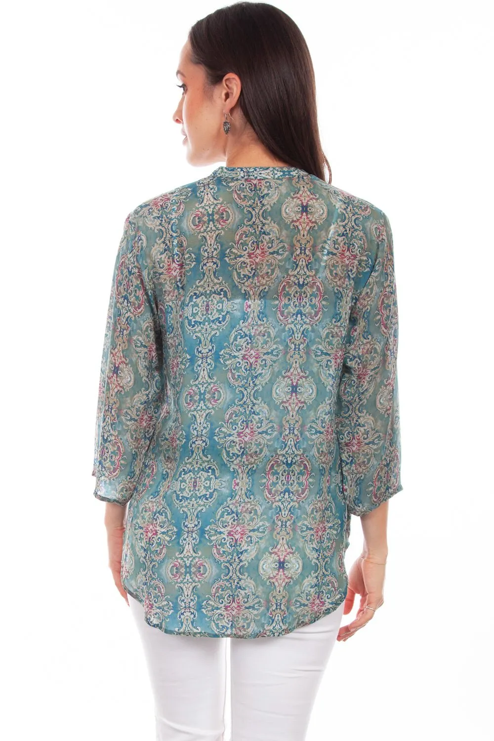 Scully Womens Turquoise Rayon Classic Print S/S Blouse All-Occasion Wear Metallic Finish