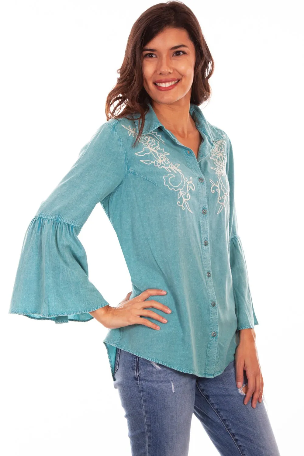 Scully Womens Turquoise Rayon Ivory L/S Blouse Spring Mood Affordable