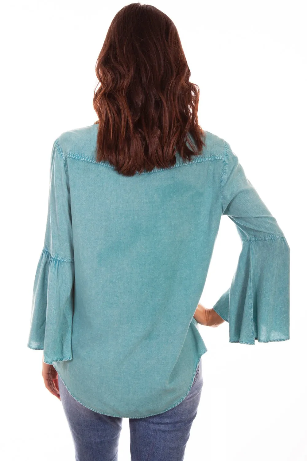 Scully Womens Turquoise Rayon Ivory L/S Blouse Anti Sagging Technology Traveler Gear Brunch Outfit Casual Friday