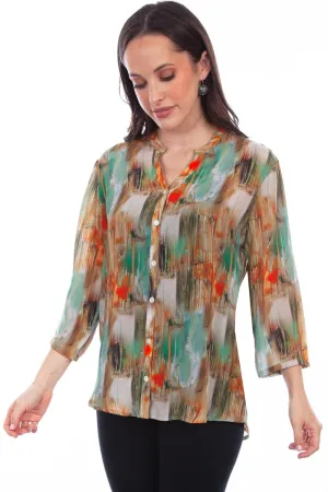 Scully Womens Turquoise Rayon Watercolor S/S Blouse Adaptive Fit Technology Scully Womens Turquoise Rayon Watercolor S/S Blouse Perfect Layering