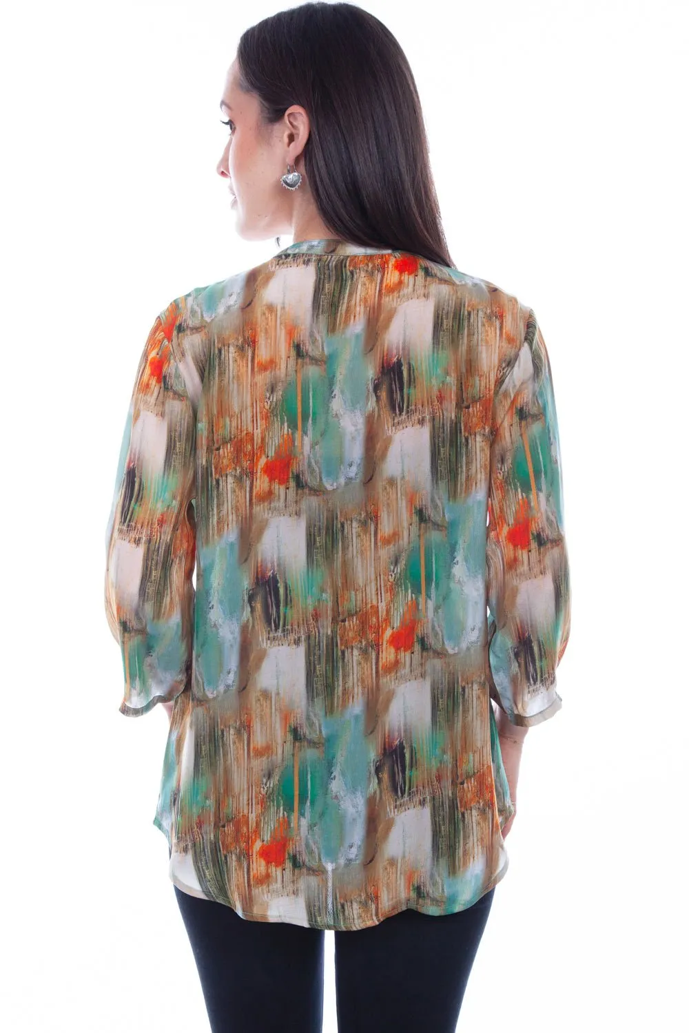 Scully Womens Turquoise Rayon Watercolor S/S Blouse Anti Pilling Treatment