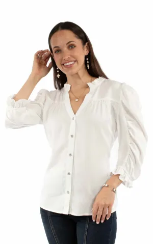 Scully Womens V-neck Ruffle Detail White Lyocell 3/4 Sleeve S/S Blouse Minimal Seam Construction Everyday Wear Scully Womens V-neck Ruffle Detail White Lyocell 3/4 Sleeve S/S Blouse