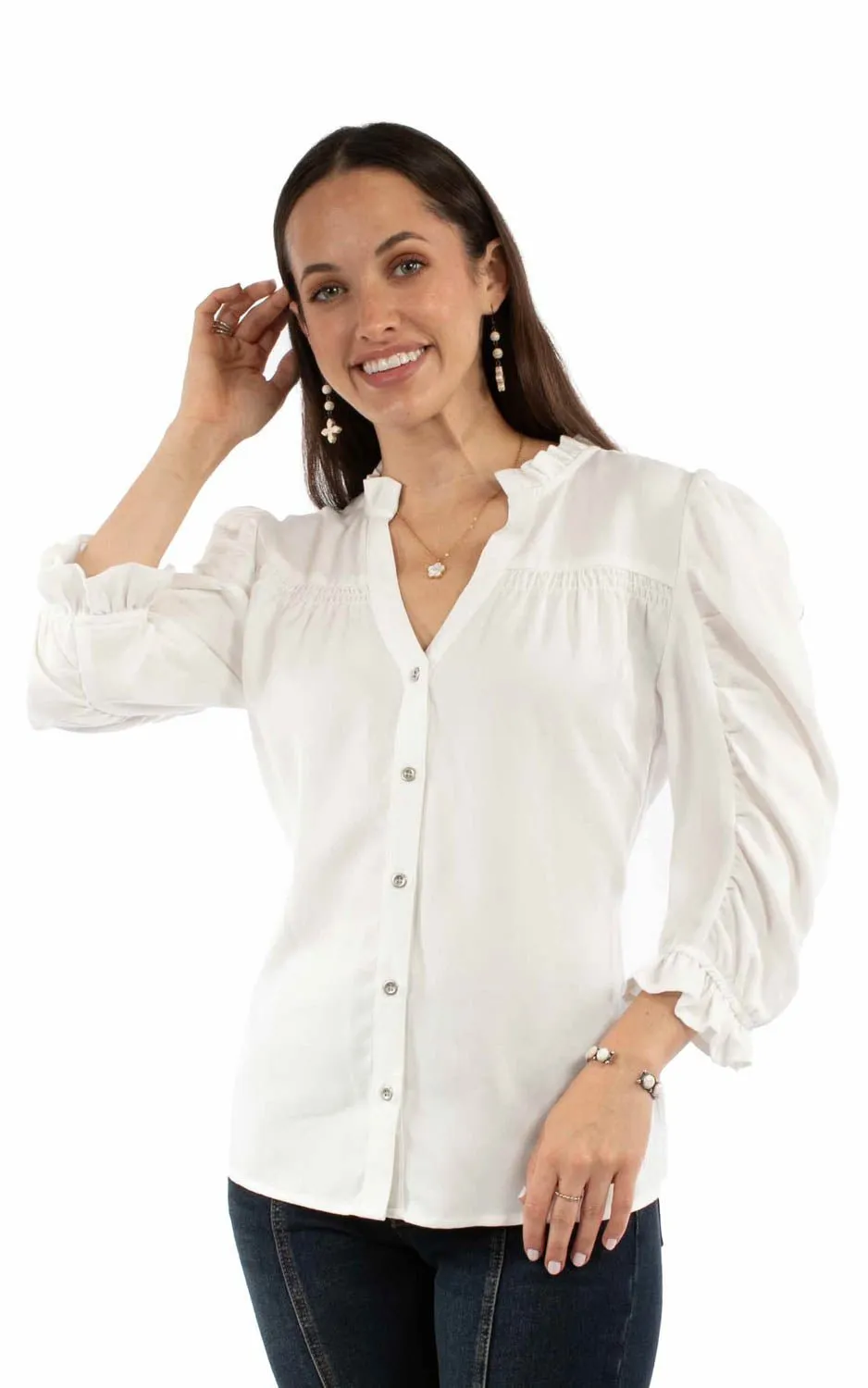Everyday Wear Scully Womens V-neck Ruffle Detail White Lyocell 3/4 Sleeve S/S Blouse