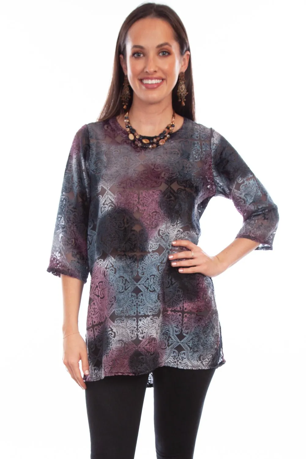 Scully Womens Velvety Pattern Bordeaux Nylon Viscose 3/4 Sleeve S/S Tunic Beach Ready Breathable Cotton