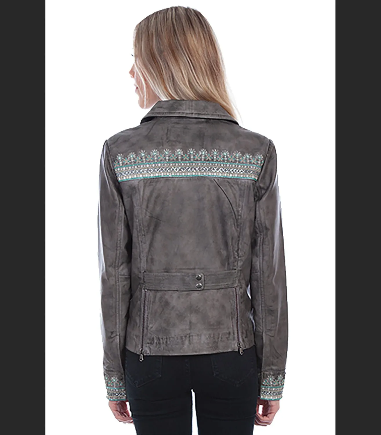 Outfit Essential Scully Womens Vintage Beaded Grey Leather Leather Jacket