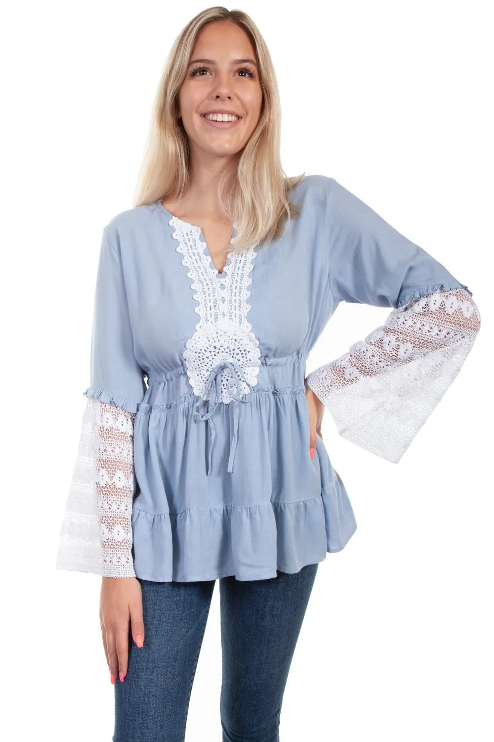 Scully Womens Wedgewood Blue Rayon Dreamcatcher L/S Blouse Odor Control Treatment