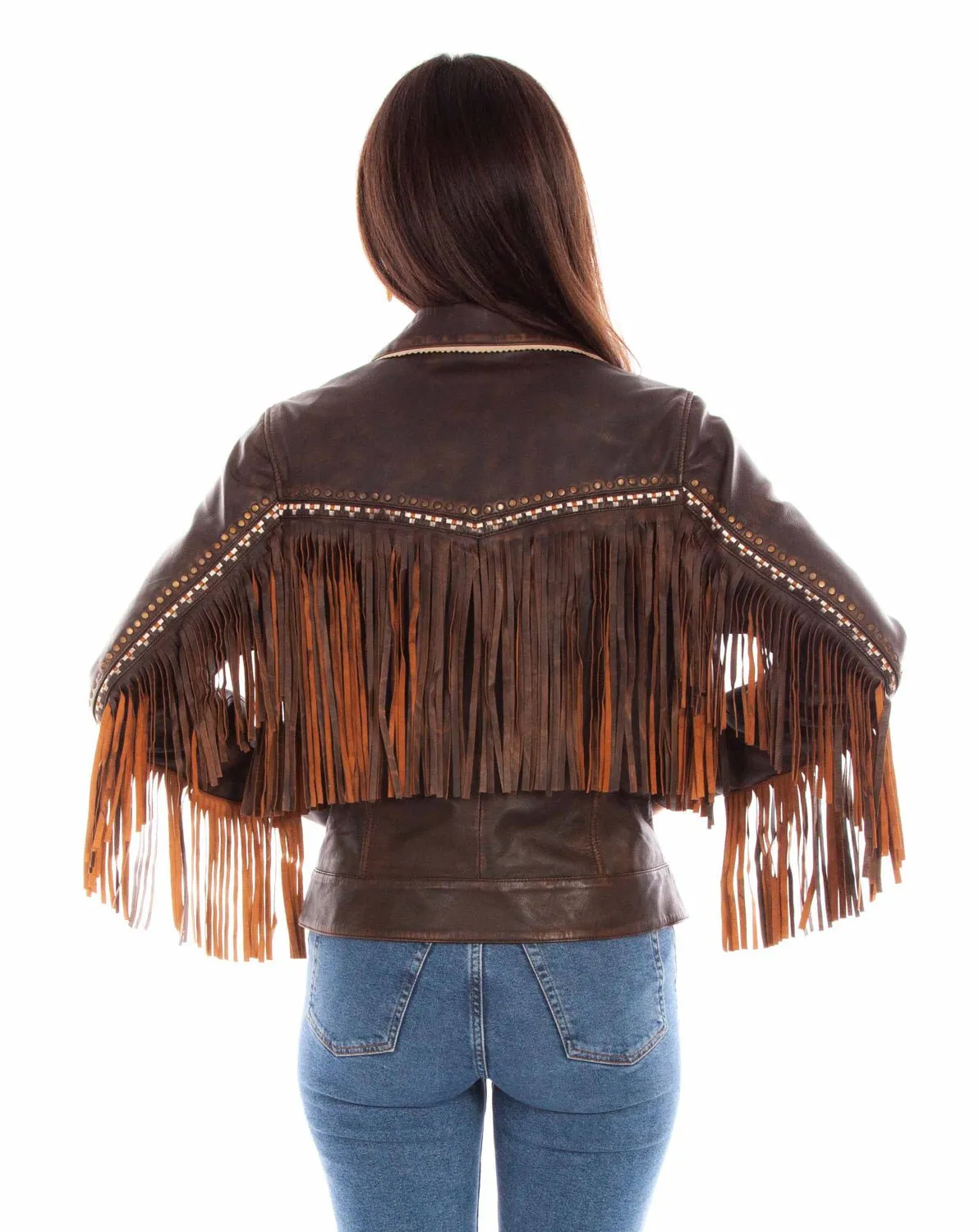 Scully Womens Western Fringe Chocolate Leather Leather Jacket Streetwear Fan Evening Stroll Elegant Smart Casual Modern Rainy Day