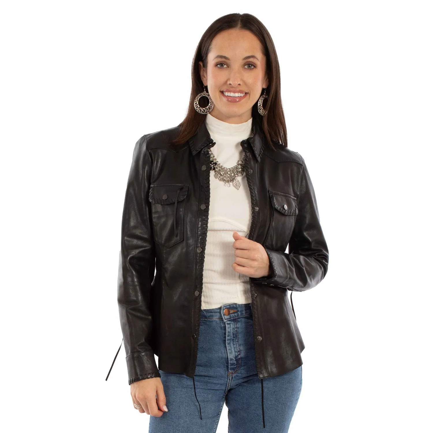 Perfect Basic Outdoor Casual Scully Womens Western Snap Black Leather Leather Jacket