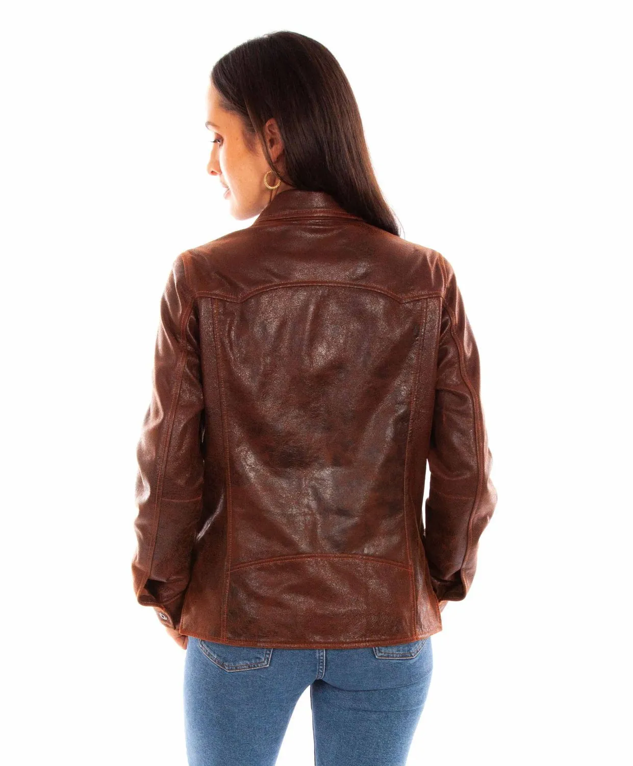 Scully Womens Western Snap Front Brown Leather Leather Jacket Loose Outdoor Adventure Work Meeting Garment Washed Softness