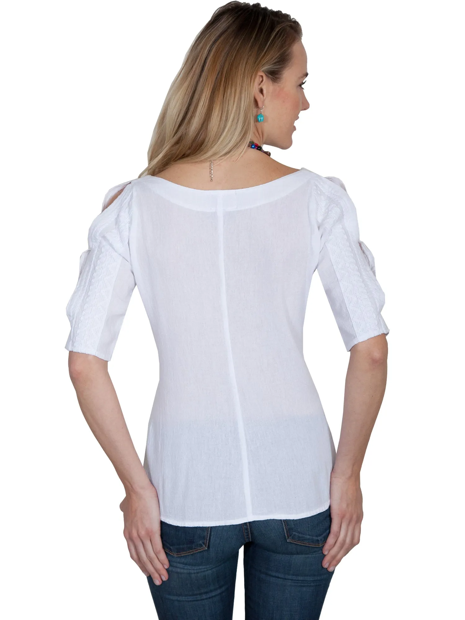 Scully Womens White 100% Cotton Cold Shoulder S/S Blouse Seamless Sides