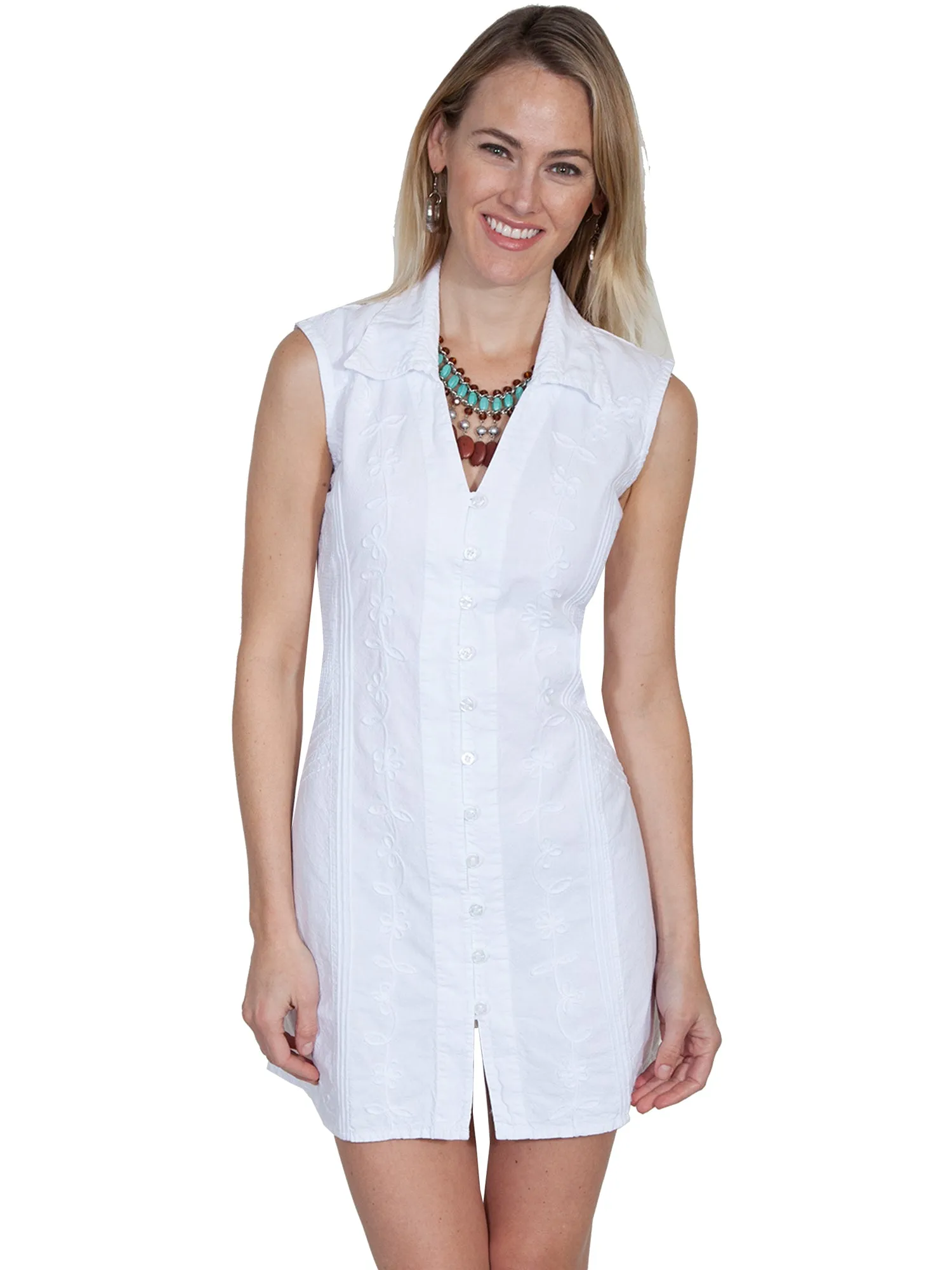 Classic Office Wear All Season Style Scully Womens White 100% Cotton Floral Vine S/L Dress