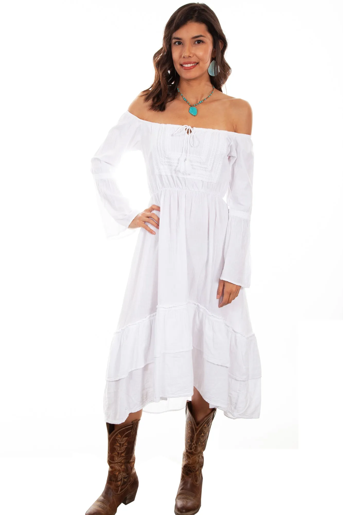 Durable Eco Friendly Contemporary Vibe Scully Womens White 100% Cotton Scoop Neck L/S Dress