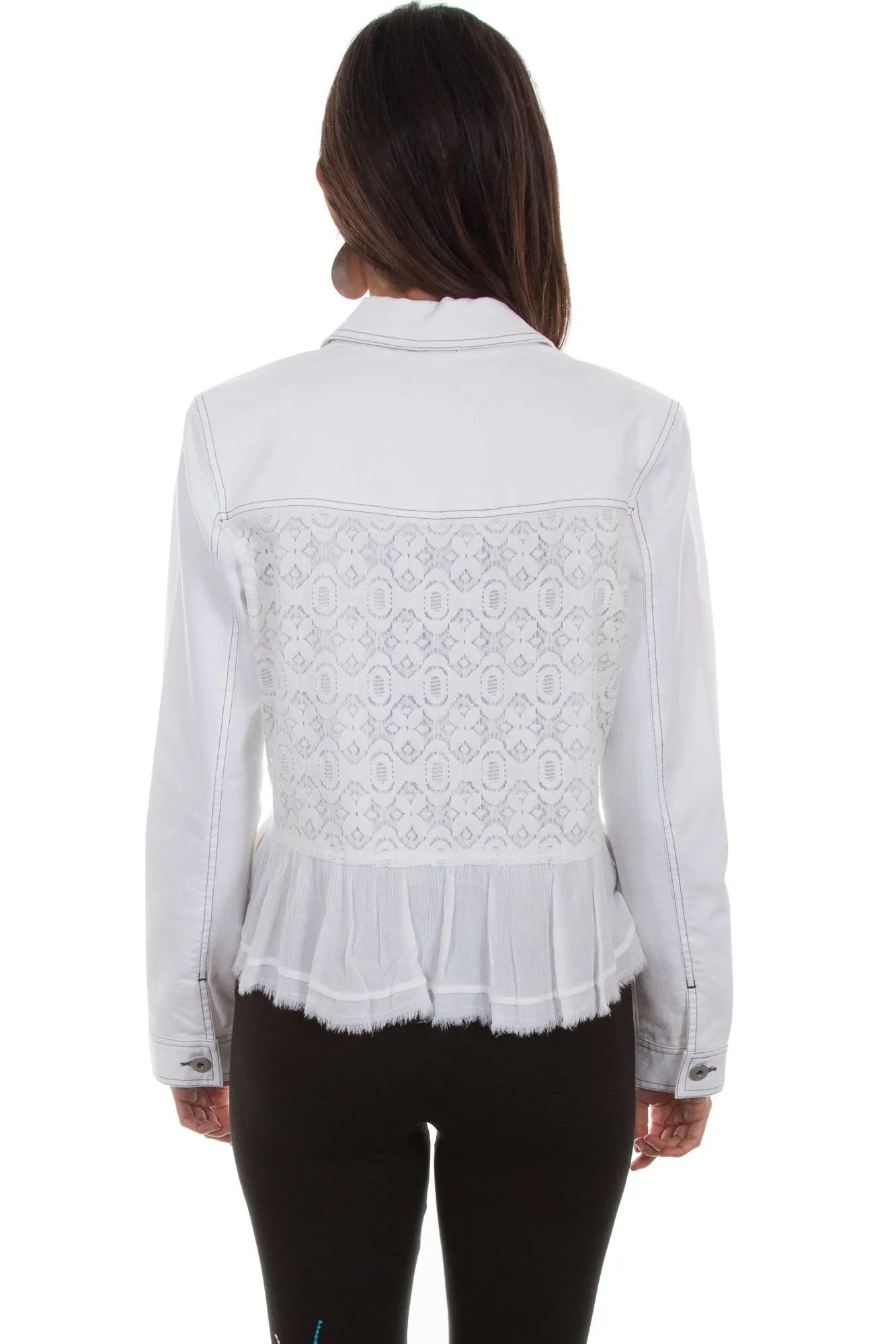 Scully Womens White Cotton Blend Lace Inset Denim Jacket Smooth Picnic Style