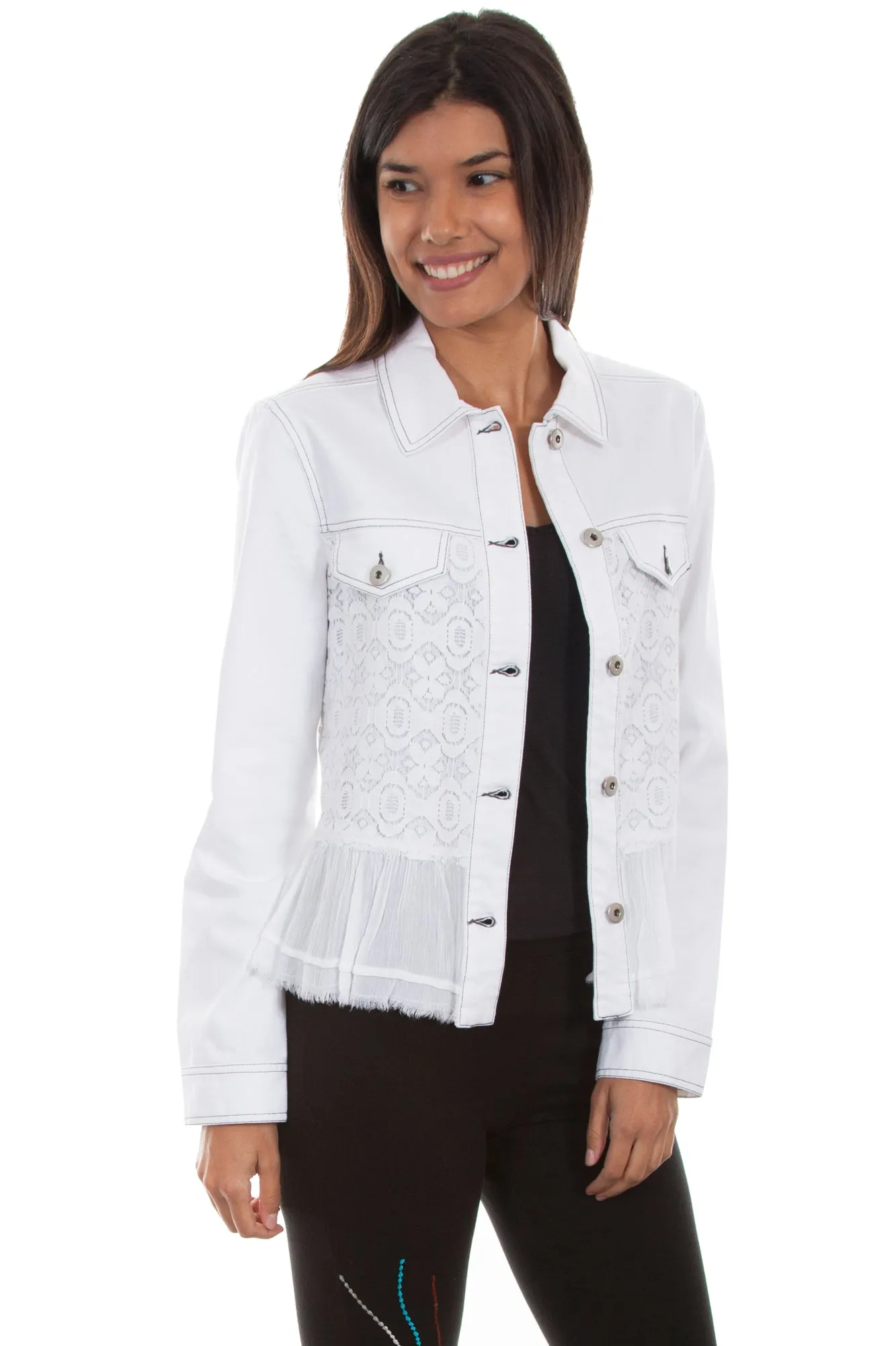 Street Fashion Affordable Multi Pocket Utility Scully Womens White Cotton Blend Lace Inset Denim Jacket