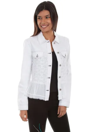 Scully Womens White Cotton Blend Lace Inset Denim Jacket Consistent Fit Music Event Smooth Casual Unisex Fit Scully Womens White Cotton Blend Lace Inset Denim Jacket