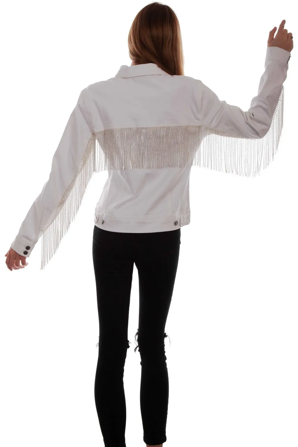 Scully Womens White Cotton Blend Rhinestone Fringe Jacket Clean Silhouette Organic Cotton Material