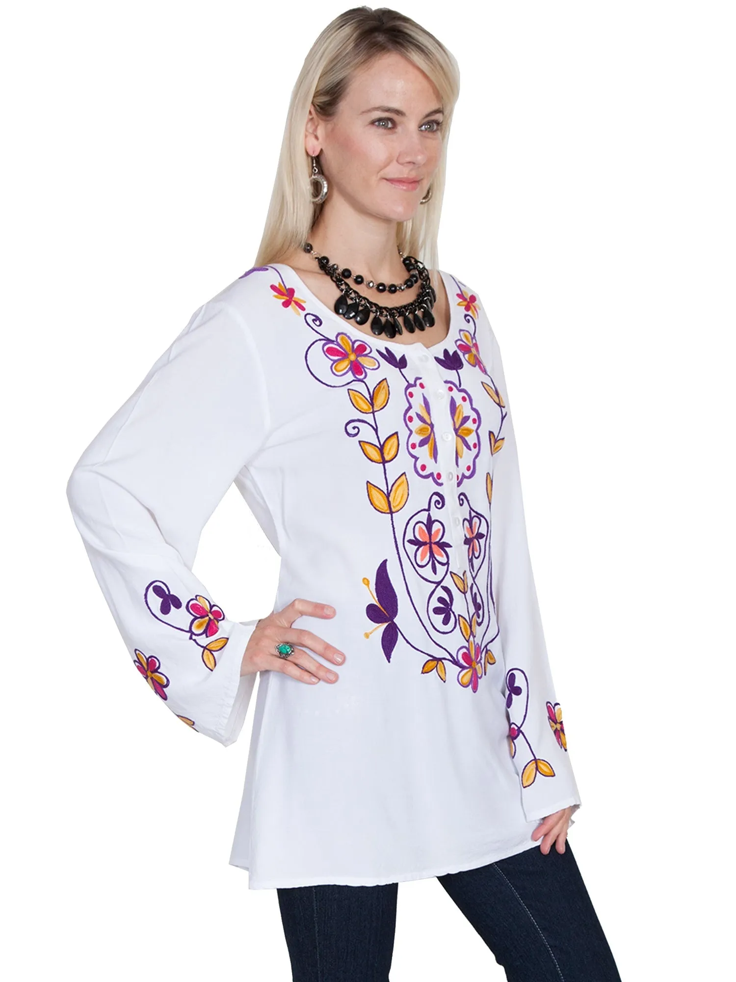 Scully Womens White Viscose Floral L/S Blouse All-day Comfort Outdoor Adventure Party Look Youth Style