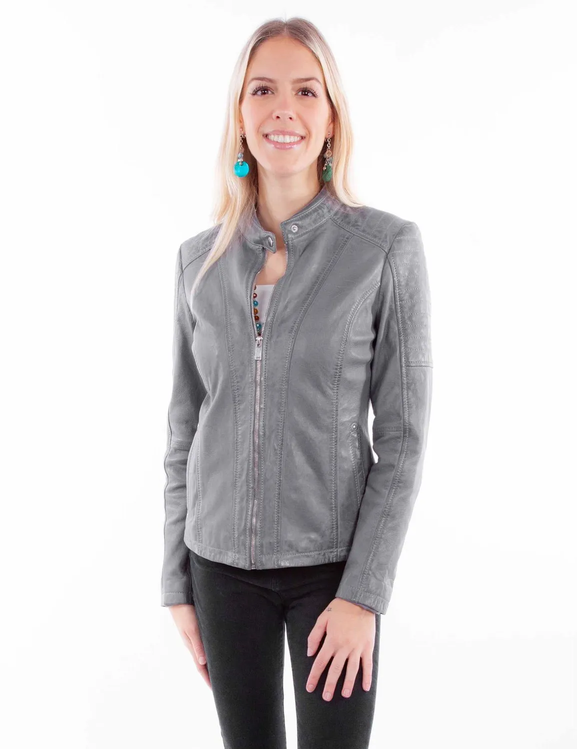 Scully Womens Zip Cafe Racer Sky Leather Leather Jacket Vibrant Trendy